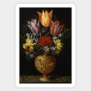 Flowers in a Vase on a Marble Plinth by Hendrik van der Borcht Sticker